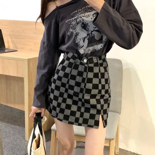 高腰开衩A字格子半身裙